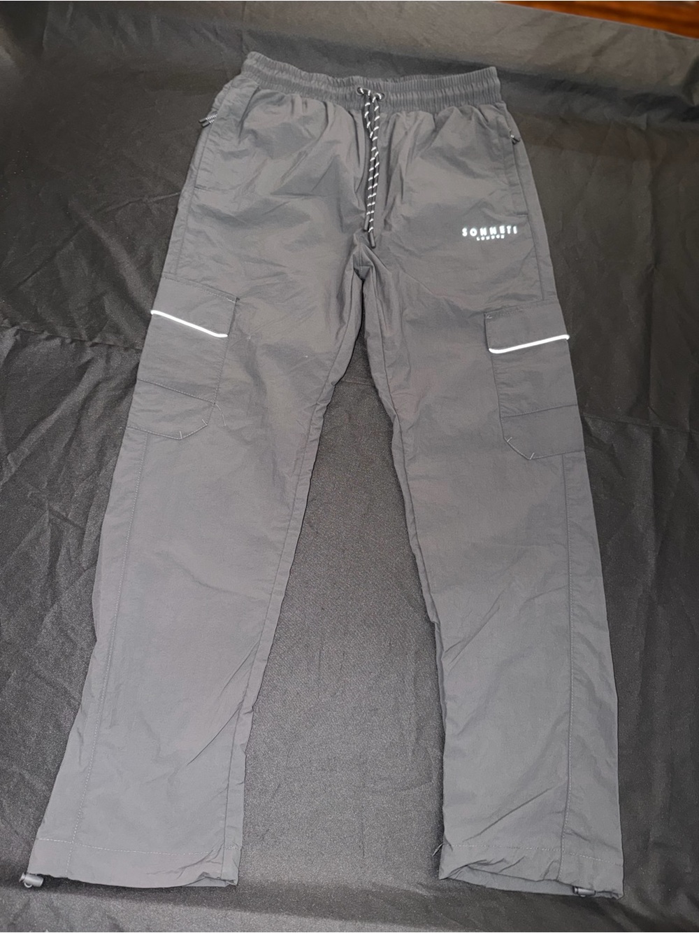 Sonneti London Men’s Grey Tech Cargo Pants Nylon Joggers with Reflective Trim